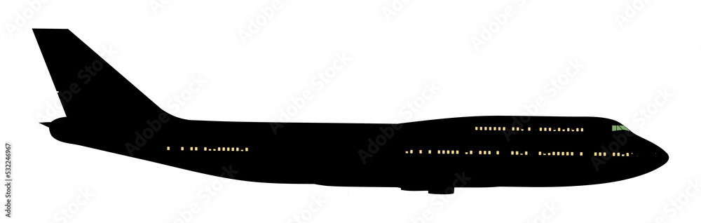 An airliner image can be silhouetted against a night sky in this image on a transparent background. Windows glow with light in this image. An airliner image can be silhouetted against a night sky in this image on a transparent background. Windows glow with light in this image.