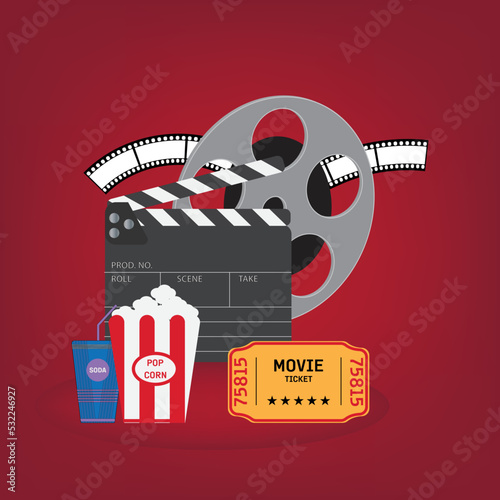 Popcorn box, disposable cup for beverages with straw, film strip, clapper board and ticket