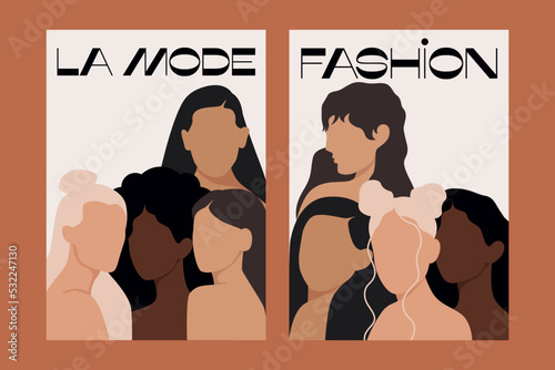 Group of women. Abstract fashion female characters, girl portraits art modern contemporary posters. Vector isolated set