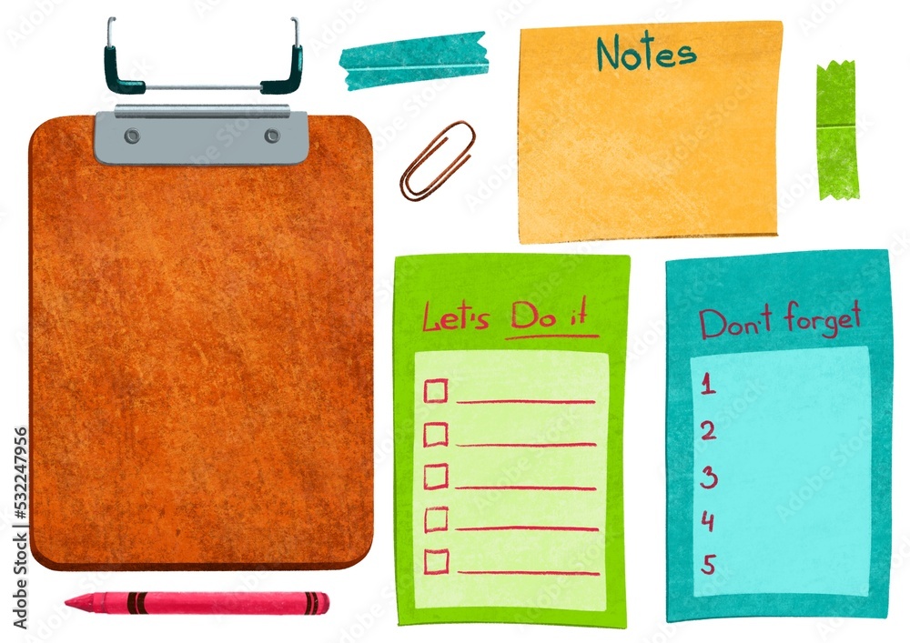 A set with a clipboard, a todo list template, a reminder note template