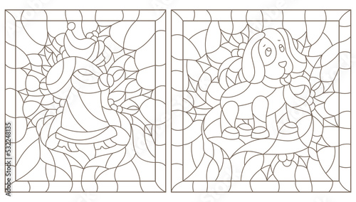 The illustrations in the stained glass style on the theme of New year and Christmas, Santa Claus and a dog on a background of Holly branches and ribbons round a contour image