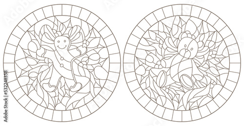 Set contour illustrations of the stained glass Windows on the theme of new year and Christmas Teddy bears and the gingerbread man in the background of Holly and ribbons