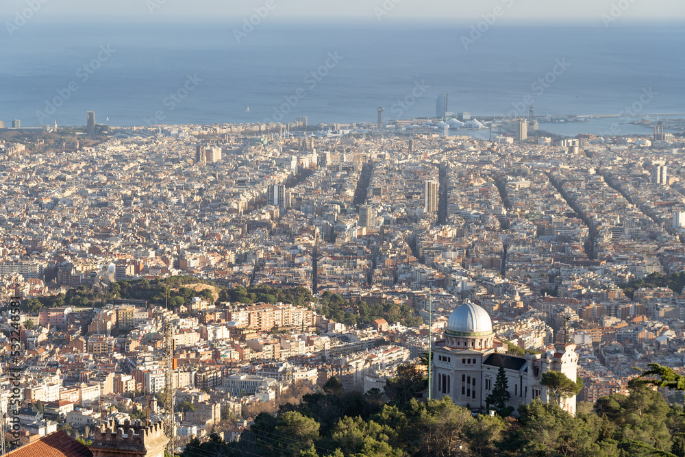 View of Barcelona Cityscape and sea shore. Vacation and travel concept