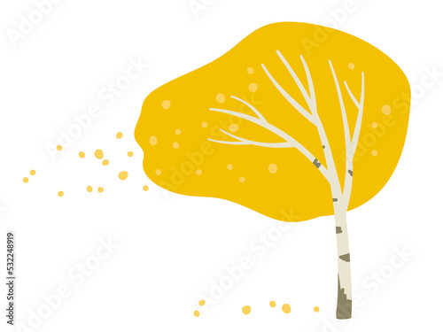 Autumn tree. Wind blows high. Wind blows yellow leaves off birch. Yellow leaves fall Isolated on white background. Autumnal season golden garden, forest tree foliage. Tree sheds leaves