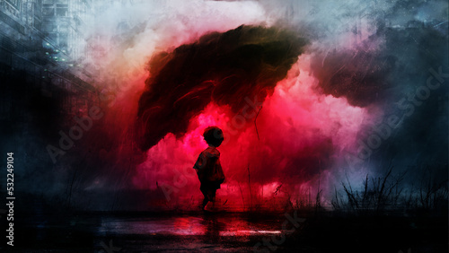 Child standing in the storm. Digital art style, illustration