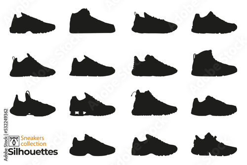 Set of isolated sneakers silhouettes for man and woman. Fashion elements. Dress shoes icons for designs.