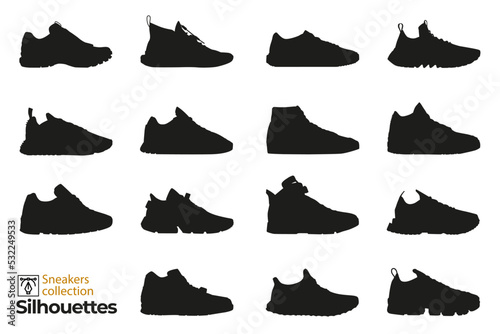 Set of isolated sneakers silhouettes for man and woman. Fashion elements. Dress shoes icons for designs. © AlexInkfusion