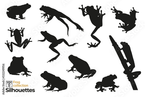 Group of isolated frog silhouettes jumping, climbing a plant. Small animal icons for your designs.
