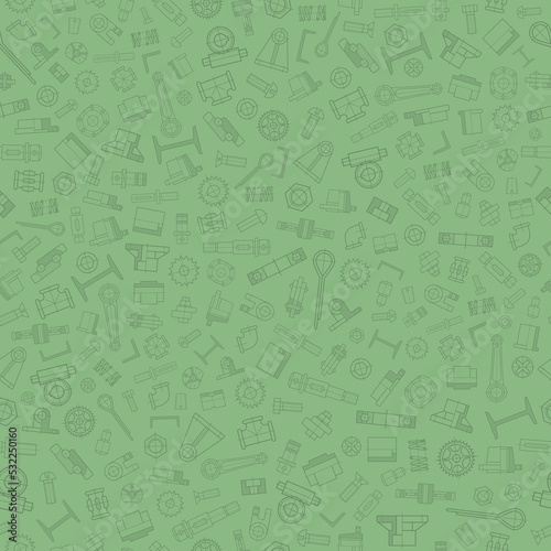 Technical drawing, unique machine details. Seamless editable pattern of doodles. Vector illustration with green background.