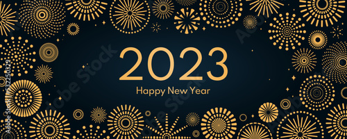 Golden fireworks 2023 Happy New Year, bright frame on dark background, with text. Flat style vector illustration. Abstract geometric design. Concept for holiday greeting card, poster, banner, flyer