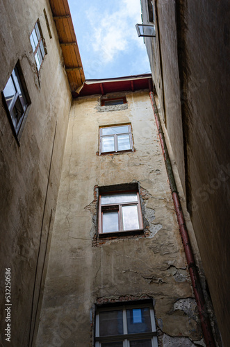 Inner courtyard of an old multi-storey building.