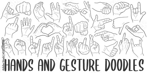 Hand Gesturing Doodle Banner Icon. Gesture Vector Illustration Hand Drawn Art. Line Symbols Sketch Background.