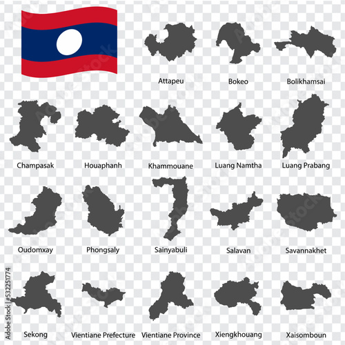 Eighteen Maps provinces of Laos - alphabetical order with name. Every single map of province are listed and isolated with wordings and titles. Laos . EPS 10.