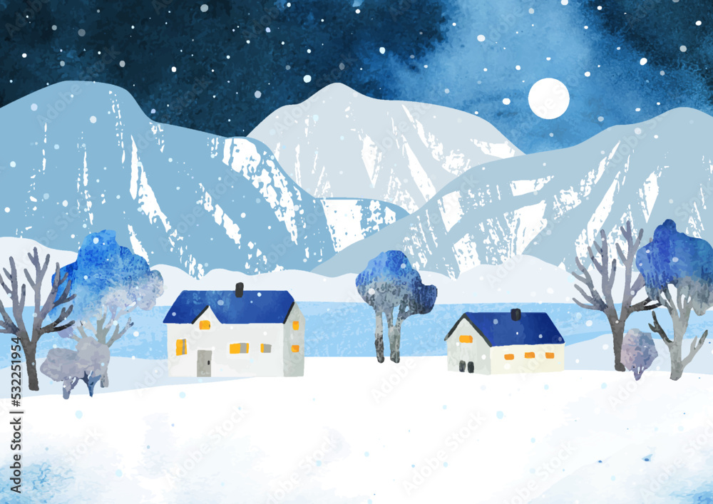 Romantic winter watercolor landscape of snowy high mountains, trees, river and houses under night sky with moon and snow.  Christmas vector illustration  for postcard, banner, poster. Size A4