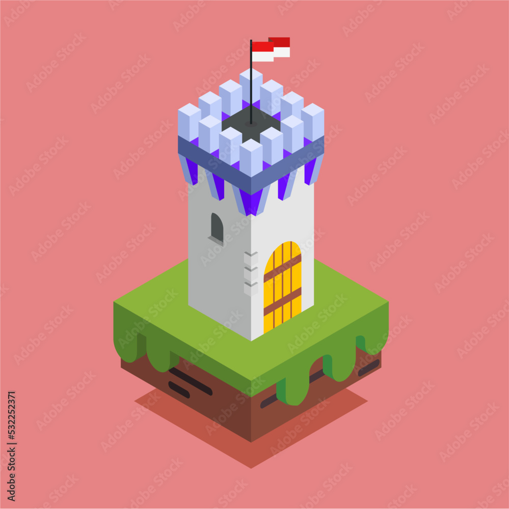 3D isometric of fortress t in small island. cute fortress in flat design art 3D isometric of fortress t in small island. cute fortress in flat design art