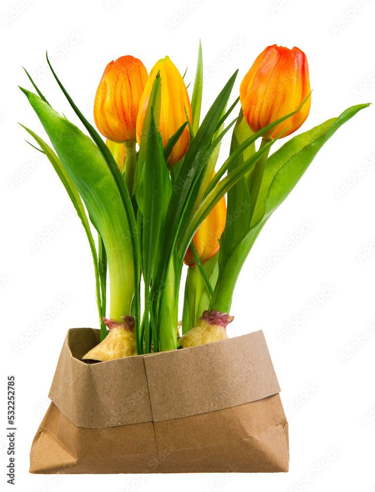 Spring deco with artificial orange isolated tulips