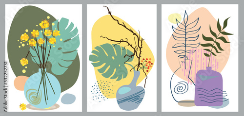 Set of abstract posters with vases. Trendy still life collage with pot, fruit, vase and tropical palm leaf