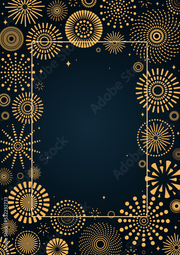 Golden fireworks frame, bright on dark background, with copy space. Flat style vector illustration. Abstract geometric design. Concept for New Year, birthday greeting card, poster, banner, flyer