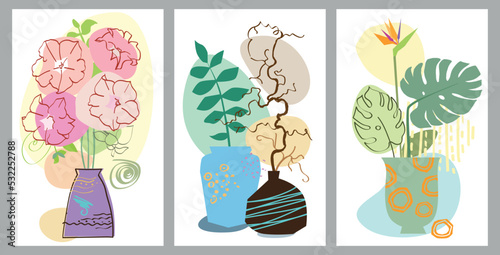 Set of abstract posters with vases. Trendy still life collage with pot, fruit, vase and tropical palm leaf