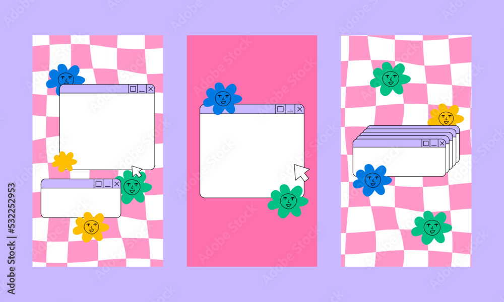 Set of social media stories templates in retrowave kidcore aesthetic. Vector illustration with retro computer windows and hippie daisy flowers. Vertical backgrounds in y2k, 00s, 90s style Set of social media stories templates in retrowave kidcore aesthetic. Vector illustration with retro computer windows and hippie daisy flowers. Vertical backgrounds in y2k, 00s, 90s style