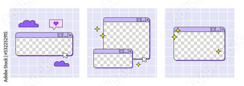 Set of social media post templates in retrowave aesthetic. Vector illustration with retro computer windows. Square backgrounds in y2k, 00s, 90s style