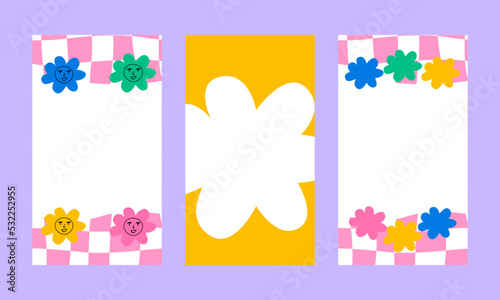 Set of social media stories templates in kidcore aesthetic. Vector illustration with abstract shapes and daisy flowers. Vertical backgrounds in y2k, 00s, 90s style