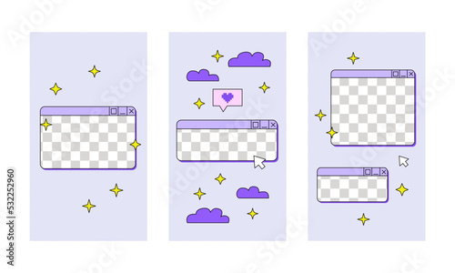 Set of social media stories templates in retrowave aesthetic. Vector illustration with retro computer windows. Vertical backgrounds in y2k, 00s, 90s style