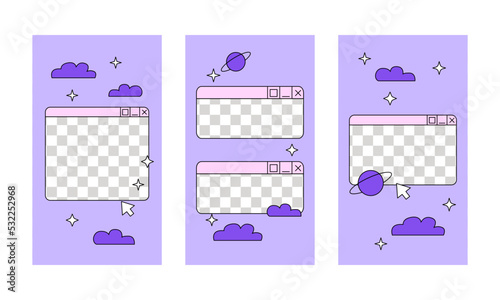 Set of social media stories templates in retrowave aesthetic. Vector illustration with retro computer windows. Vertical backgrounds in y2k, 00s, 90s style