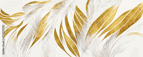 abstract white art background with feathers in golden