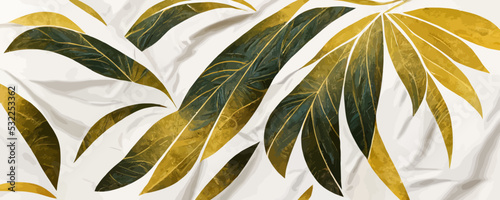 abstract white background with tropical leaves in golden