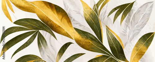 abstract white background with tropical leaves in golden