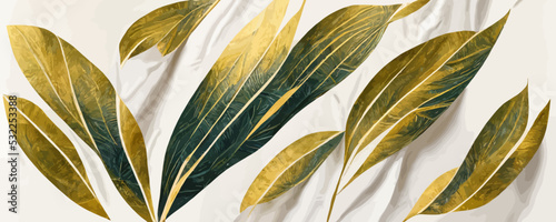 abstract white background with tropical leaves in golden