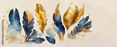 art background with golden and blue leaves or feathers