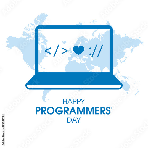 International Programmers' Day vector. Laptop computer with programming symbols blue silhouette icon isolated on a white background. Software design element. Important day