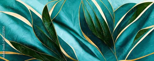luxury art background with tropical leaves in blue and green lines