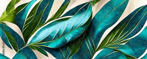 luxury art background with tropical leaves in blue and green lines
