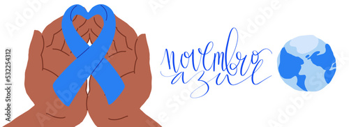 Novembro Azul translation from portuguese November Azure, Brazil campaign for men health issues awareness. Vector calligraphy and ribbon web banner