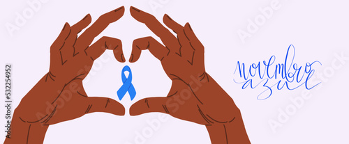 Novembro Azul translation from portuguese November Azure, Brazil campaign for men health issues awareness. Vector calligraphy and ribbon web banner
