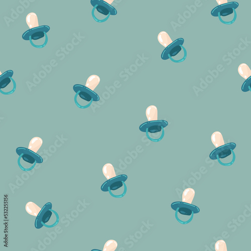 Baby seamless pattern. Blue, cream, azure, gray colors. Illustration of baby pacifiers and stars. Also for printing on paper and fabric.