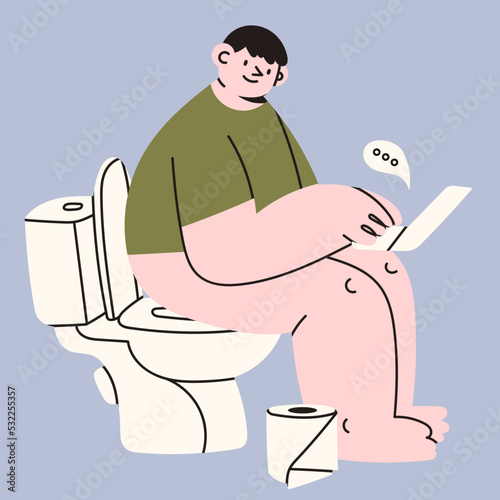 Young man sitting on a toilet bowl in restroom. Cute funny character typing on a laptop. Daily hygiene routine. Hand drawn Vector illustration. Cartoon style. Working from home concept