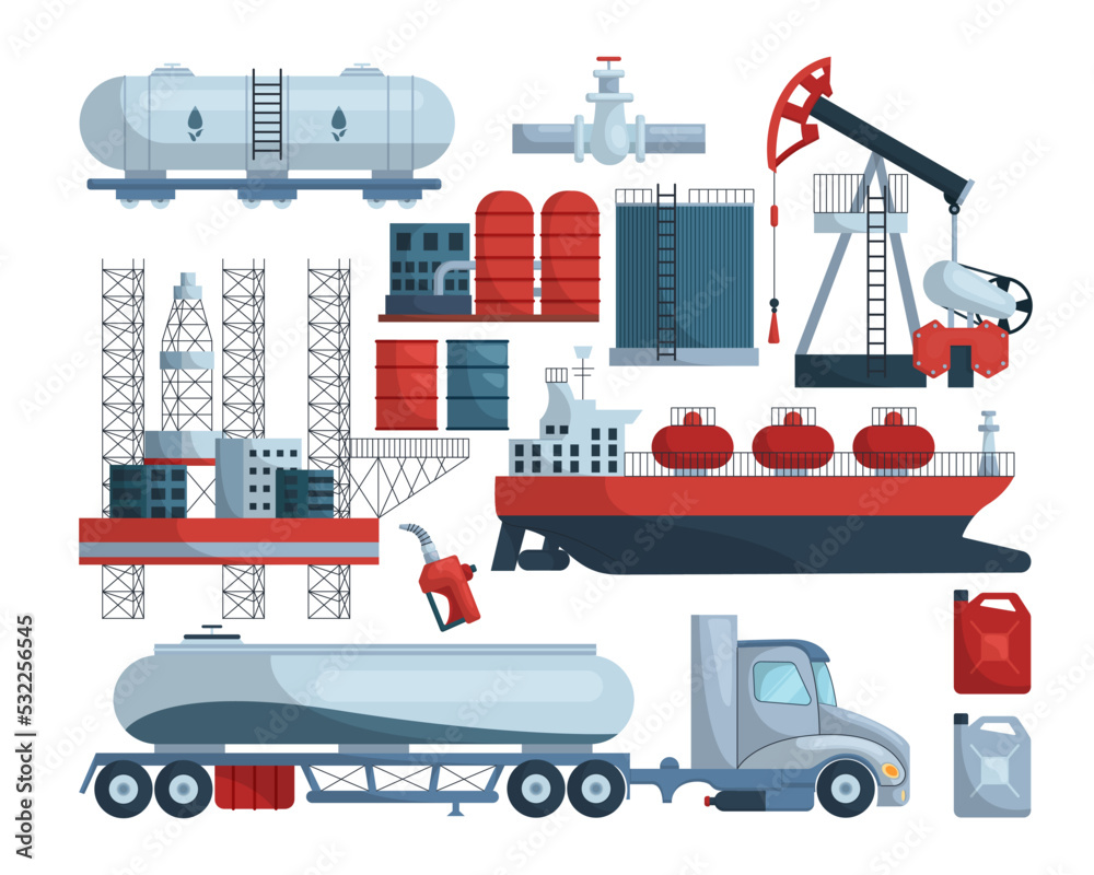 Oil refinery elements vector illustrations set. Cartoon drawings of