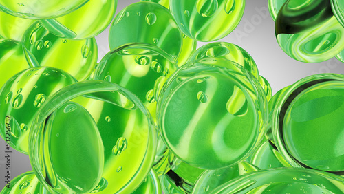 Green water drops. Abstract water with bubbles. 3D illustration