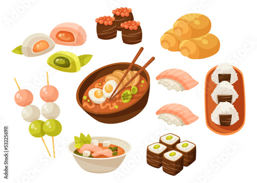 Japanese snacks and desserts vector illustrations set. Cartoon drawings of rice balls, dango, ramen, sushi with fish, wagashi or sweet snacks, mochi isolated on white background. Japanese food concept