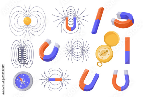 Magnets and compass vector illustrations set. Cartoon drawings of horseshoe magnet, electromagnetic field, magnetic flux or force isolated on white background. Physics, science, magnetism concept
