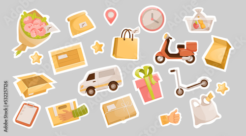 Cute fast delivery elements vector illustrations set. Stickers with car or transport for delivering orders, hand of courier holding parcels on grey background. Delivery service, free shipping concept
