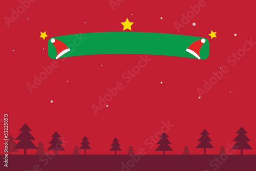 background illustration of snowfall and pine trees in red color.