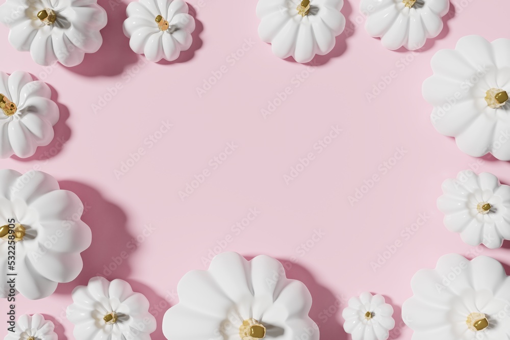 3d render of white pumpkins flat lay on a pink background with copy space 3d render of white pumpkins flat lay on a pink background with copy space