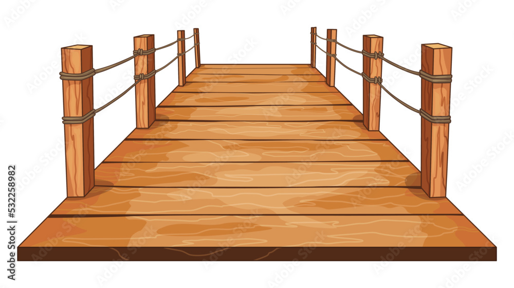 Wooden bridge with rope handrails attached on the sides. Isometric set icon in flat design. Vector illustration Wooden bridge with rope handrails attached on the sides. Isometric set icon in flat design. Vector illustration