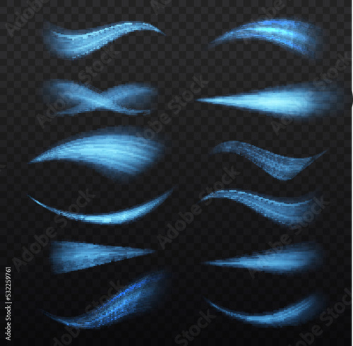 Glowing motion line. Dynamic blue waves. Luminous lines of speed. Light sparkling effect. Magic speed flying trails of shine, bright shimmer particles fly. Vector illustration.