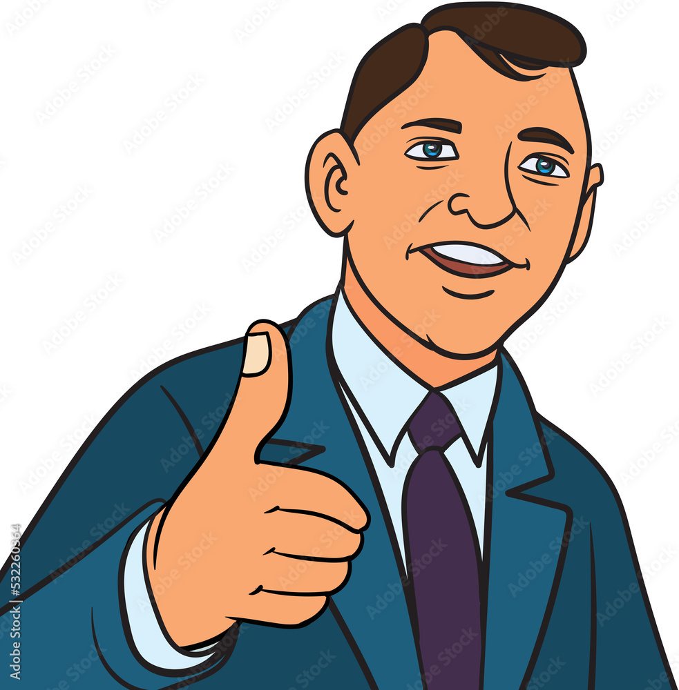 A businessman with a cheerful smile gives a thumbs up. Pop art hand drawn style illustration design transparent background A businessman with a cheerful smile gives a thumbs up. Pop art hand drawn style illustration design transparent background